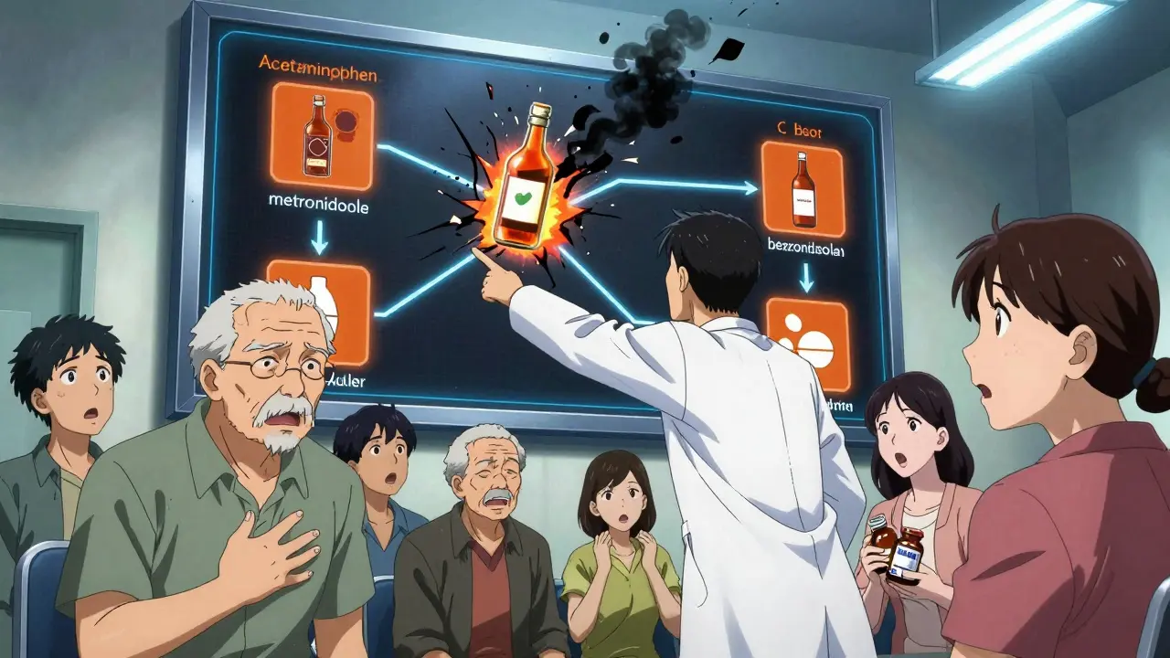 Pharmacist pointing at digital screen showing dangerous alcohol-drug interactions, patients reacting in shock.