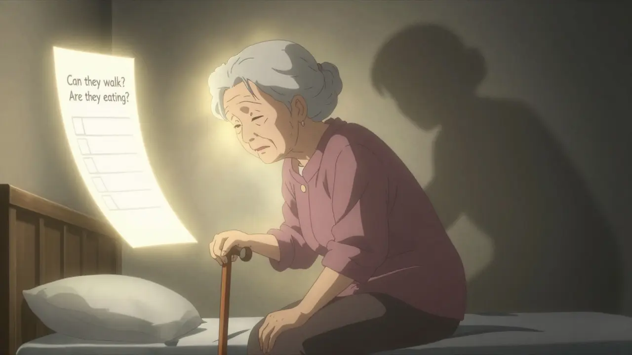 Senior woman rising from bed with glowing light, cane in hand, fading shadows of confusion behind her.