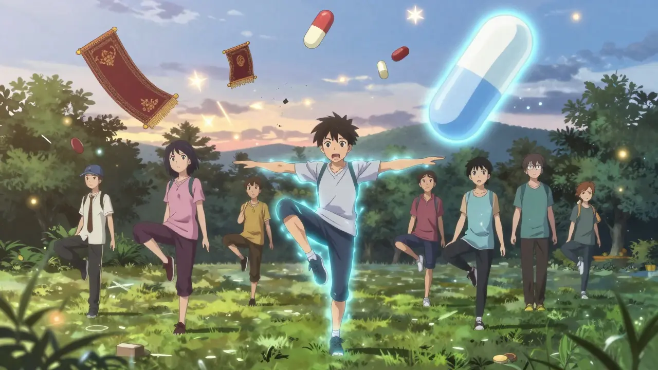 Seniors doing balance exercises with glowing energy, shattering fall hazard icons.