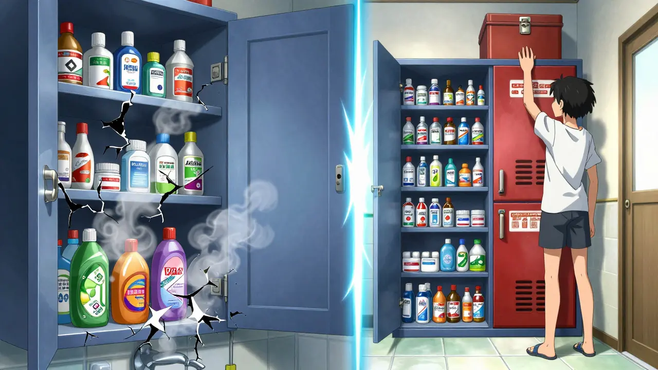 Split scene: chaotic medicine and chemical storage vs. safe, organized storage with glowing 8-foot separation line.