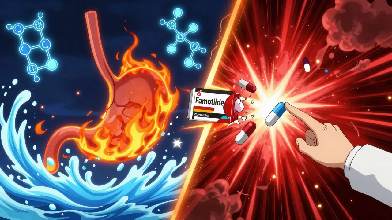 Split scene: stomach acid calmed by famotidine wave, while dangerous drug interactions explode nearby.