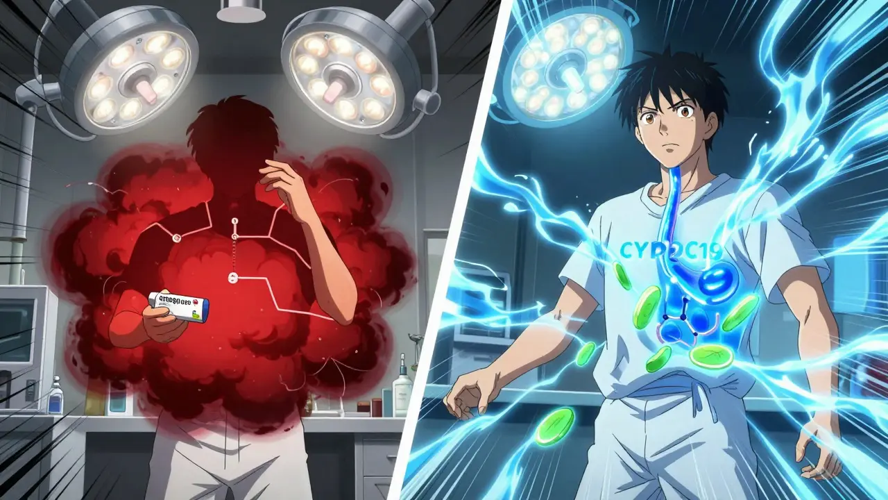 Split-screen medical scene showing clopidogrel activation blocked by omeprazole vs. unimpeded by pantoprazole.