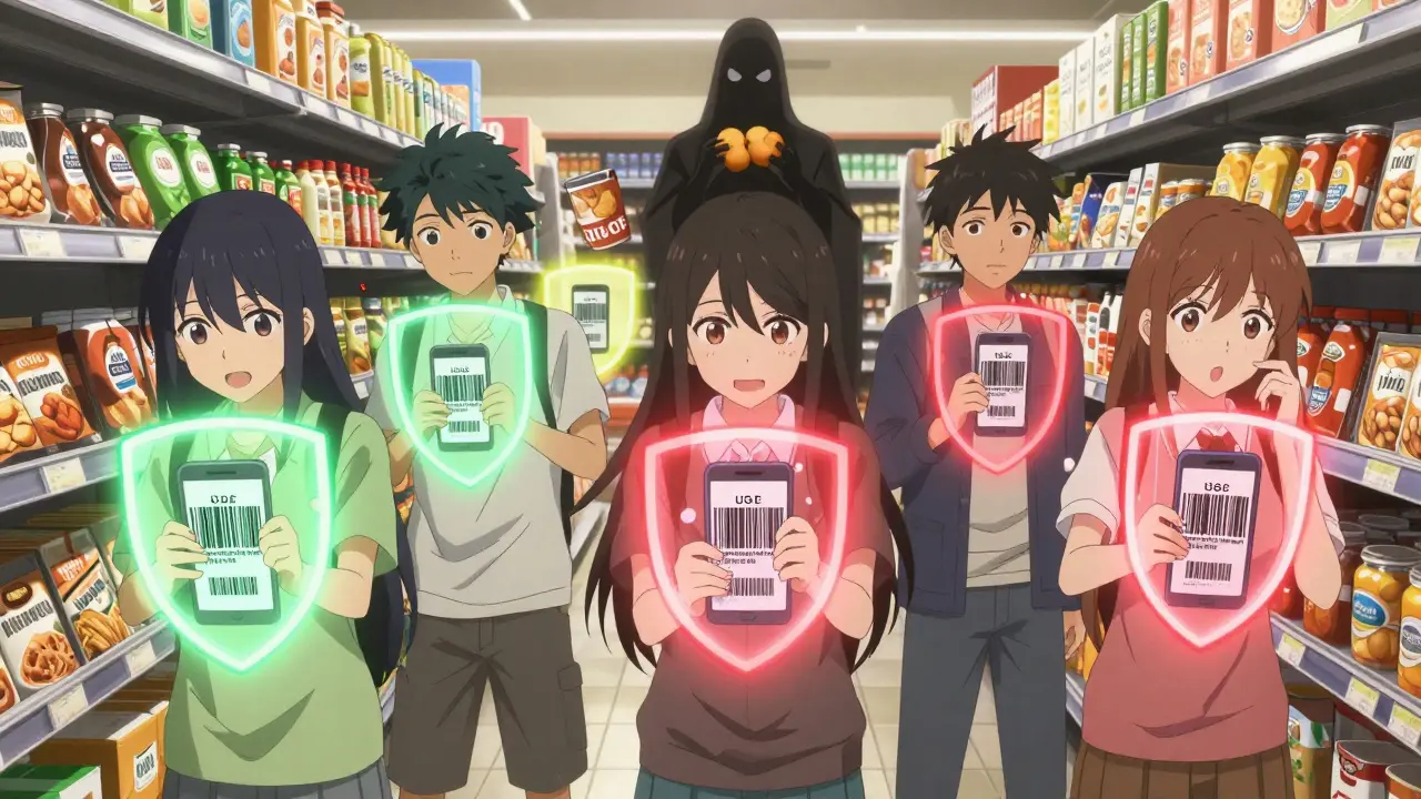 Teens scanning groceries with app showing safe and dangerous foods in anime style