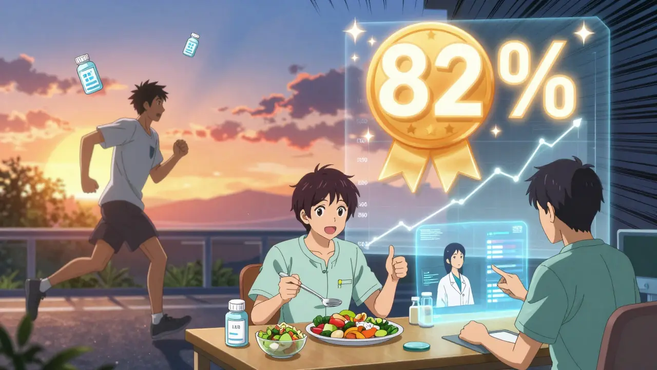 Three patients thrive with lipid-lowering therapy — jogging, eating healthy, and consulting remotely.