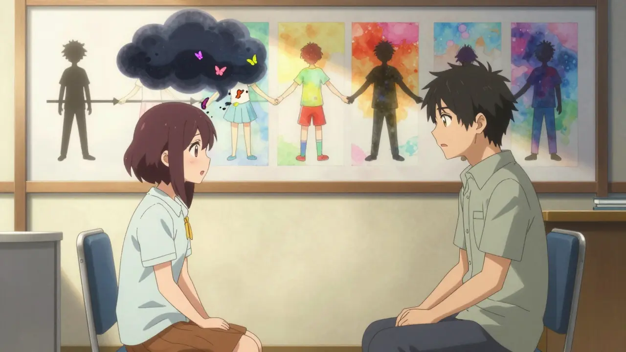 Two people in therapy as dark thoughts dissolve into butterflies under warm sunlight.