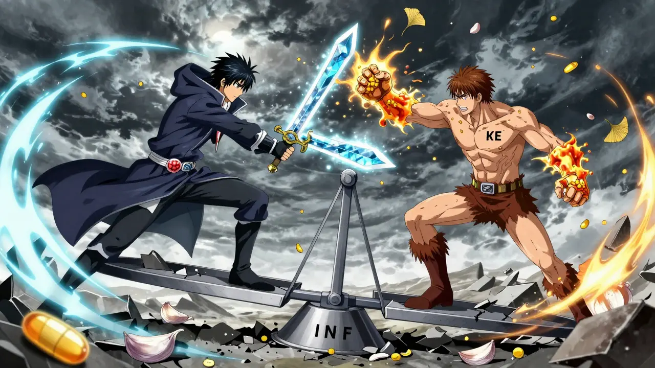 Warfarin and vitamin E warriors battling on a cracking INR scale, platelets dissolving in battle.