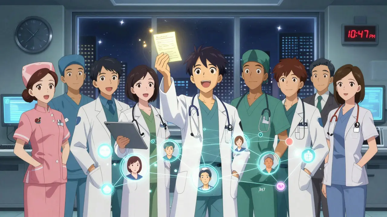 A diverse healthcare team connects remotely with patients through a glowing digital network, holding a handwritten note that radiates warmth.