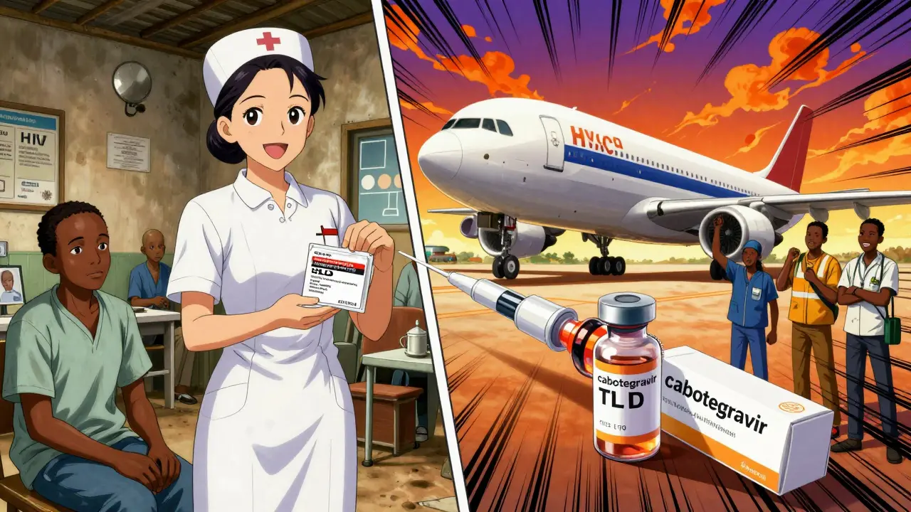 A nurse in Mozambique gives TLD pills to a patient while a plane delivers injectables to an African airport.