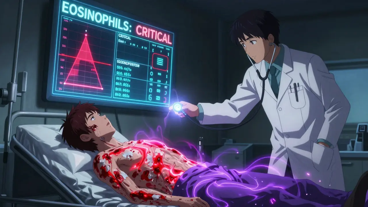 A patient in a hospital with peeling skin and glowing medical warnings, representing a severe drug reaction.