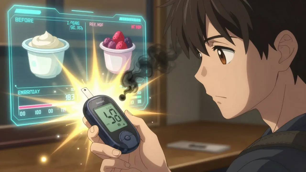 A patient using a glucose monitor to swap a sugary snack for healthy yogurt, with glowing light contrast in anime style.