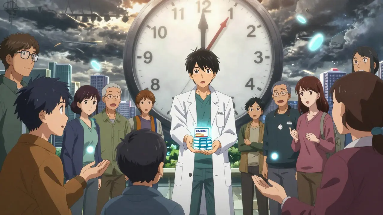 A pharmacist distributing generic pills to patients, each pill glowing with unique energy, under a rising sun symbolizing future access.