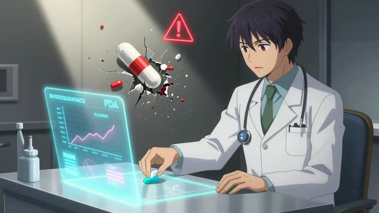 A pharmacist examines a pill on a glowing table as holograms show compliance data, counterfeit pills breaking apart.