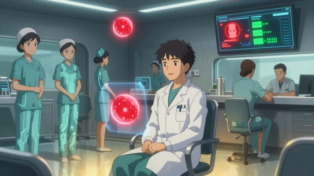 A radiologist works alongside AI-generated scan highlights, calm and empowered, as a team monitors patient risk scores.