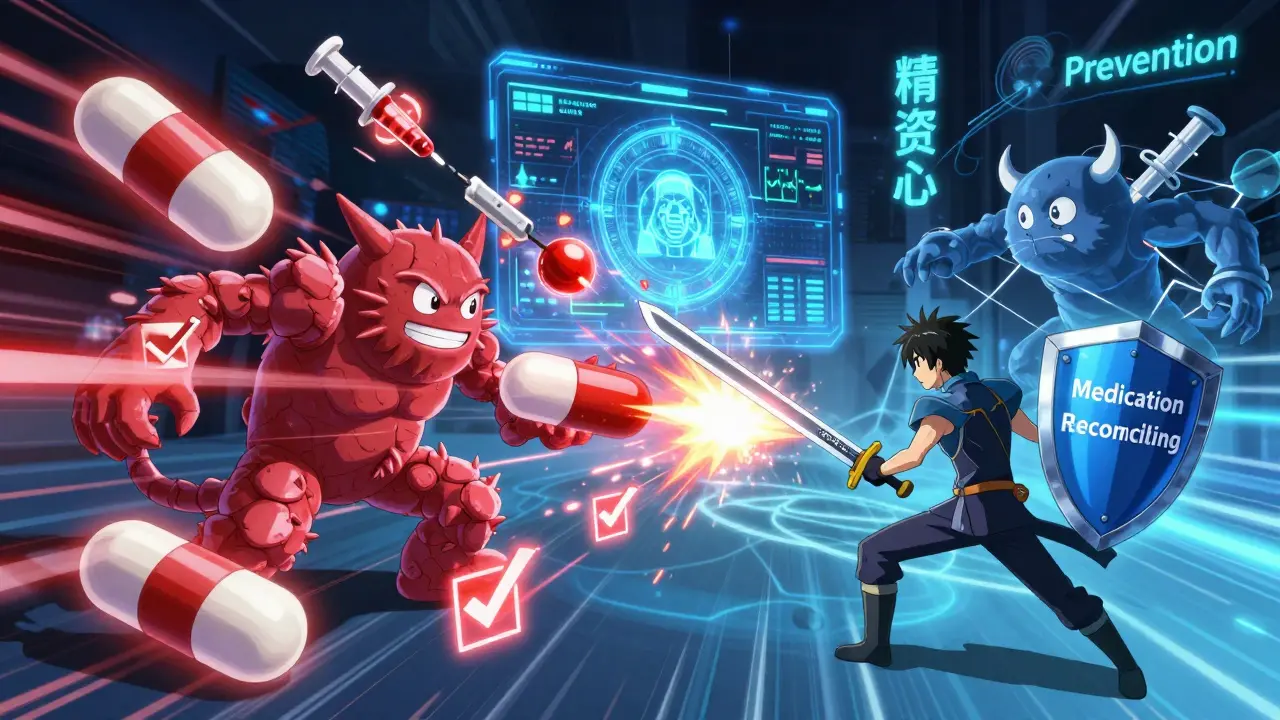 A warrior battles drug-interaction monsters in a digital battlefield using medication safety tools.