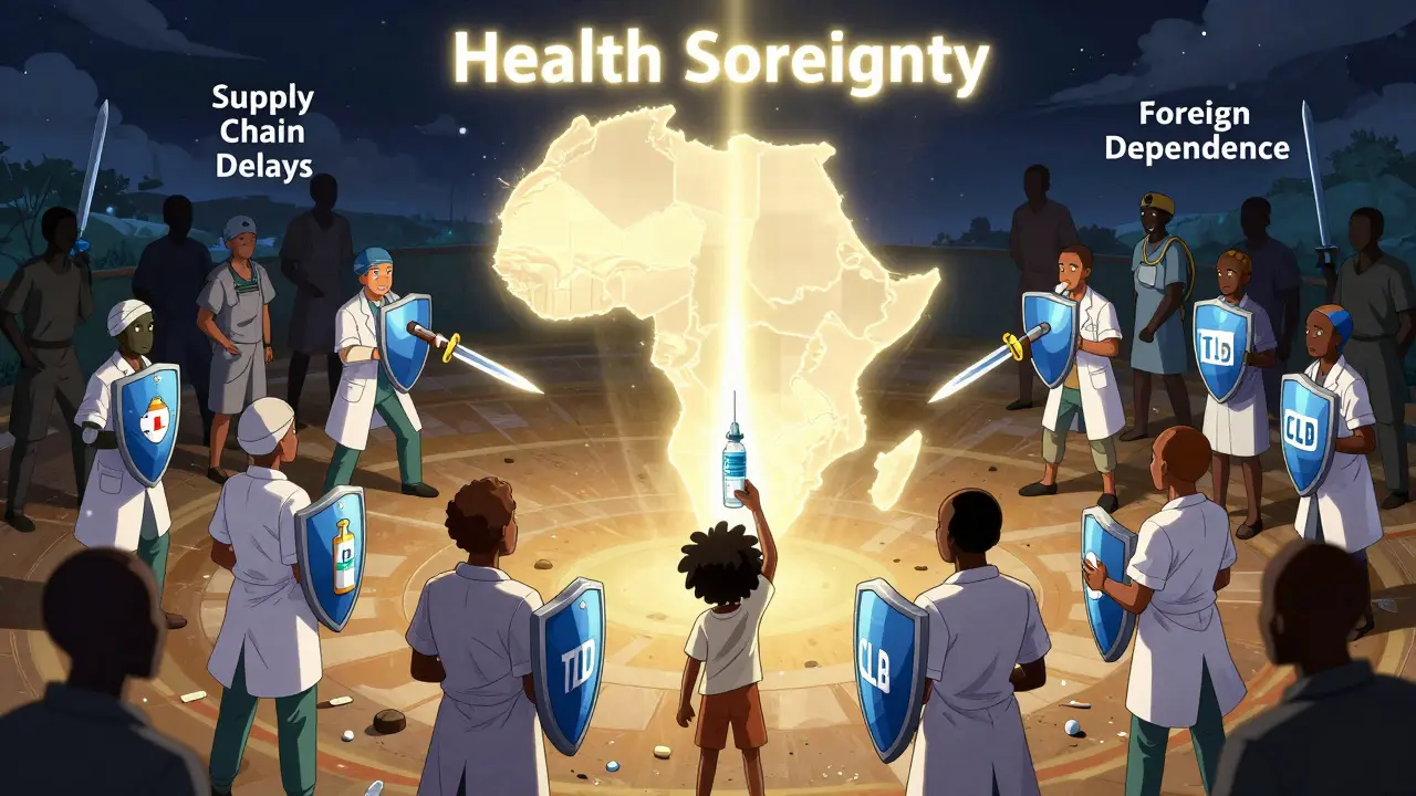 African health workers battle dependency with pills and tests, as a glowing African map spreads across the battlefield.
