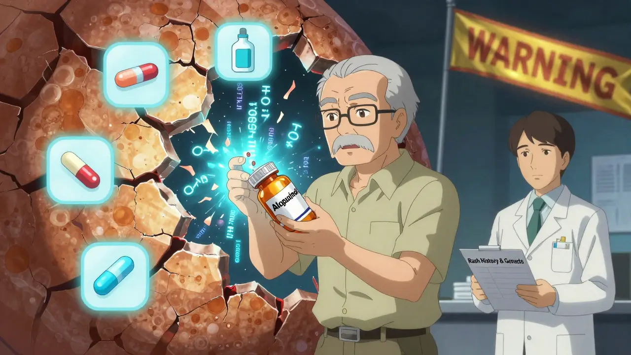 An elderly man dropping a pill bottle as genetic code explodes behind him, symbolizing drug rash risk.