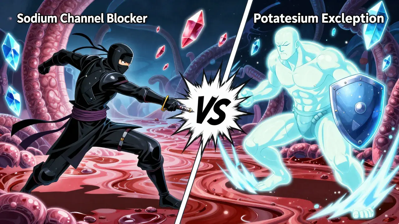 Battle between Trimethoprim ninja and Kidney Tubule guardian in a surreal renal tubule landscape with exploding potassium crystals.