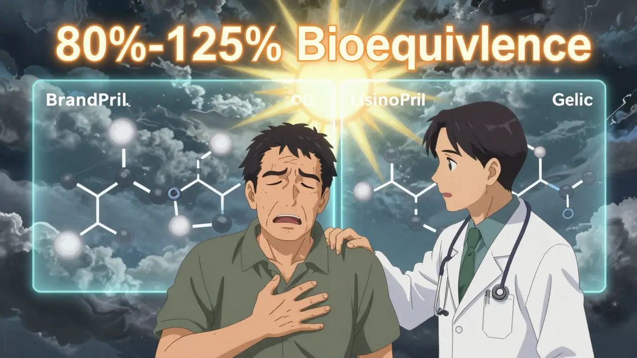 Doctor reassures a worried patient with a glowing molecular comparison of generic and brand-name drug.