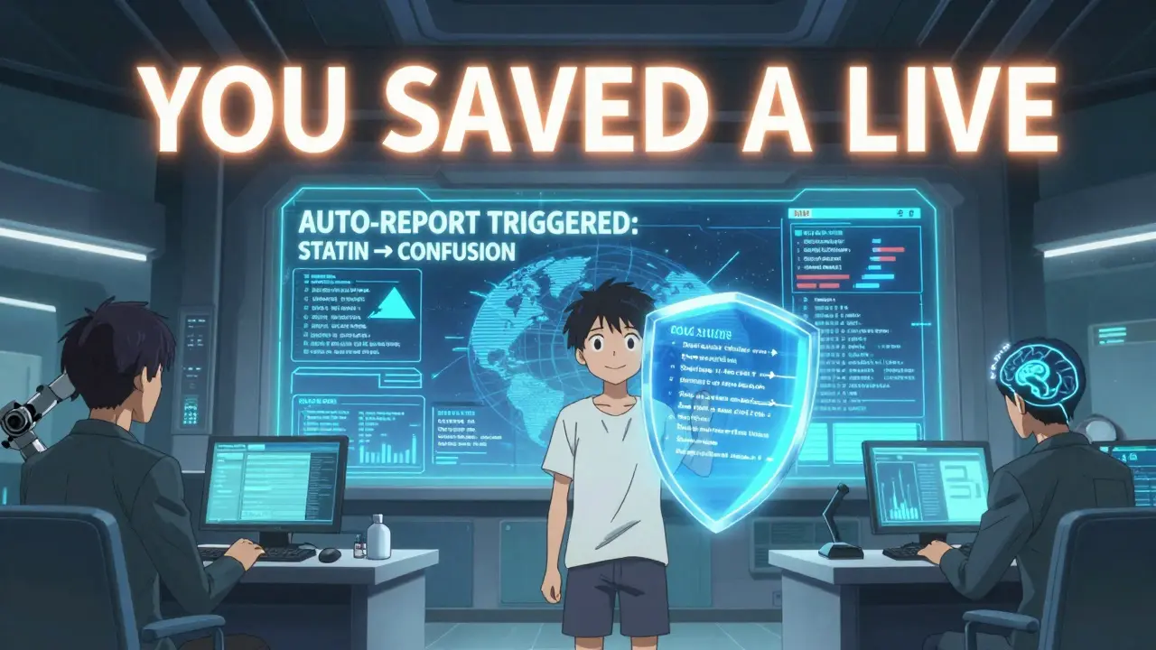 FDA analysts monitor AI-powered health data as a patient's report triggers a protective shield, saving lives.