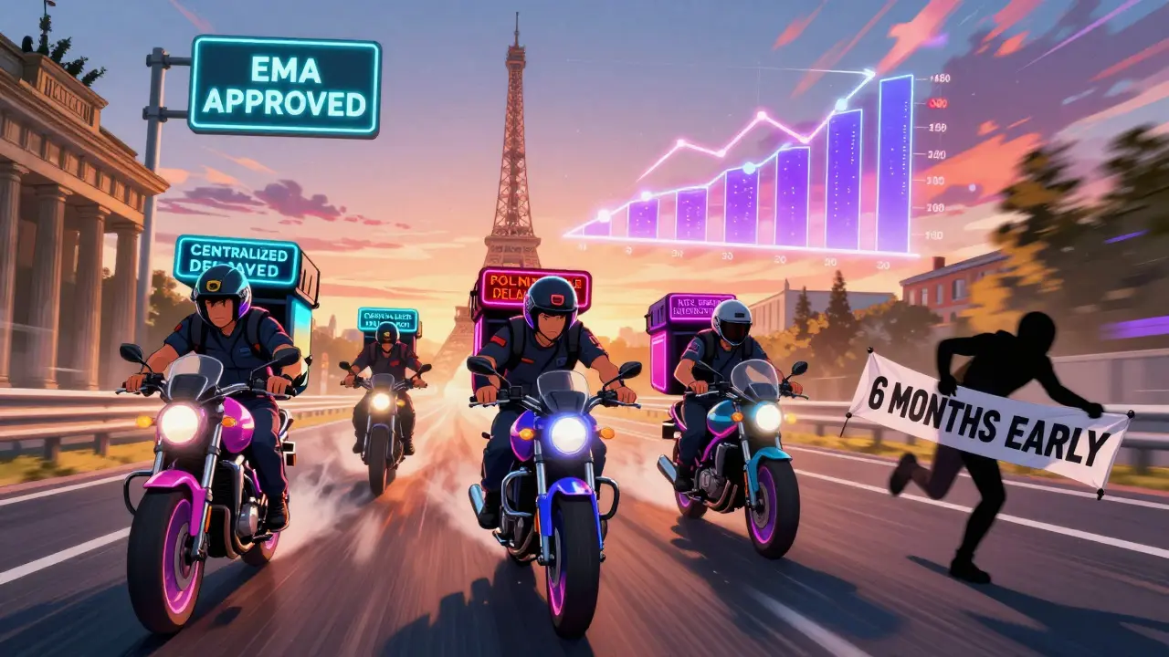 Four generic drug couriers race across Europe with glowing pathway signs and a '6 MONTHS EARLY' banner.