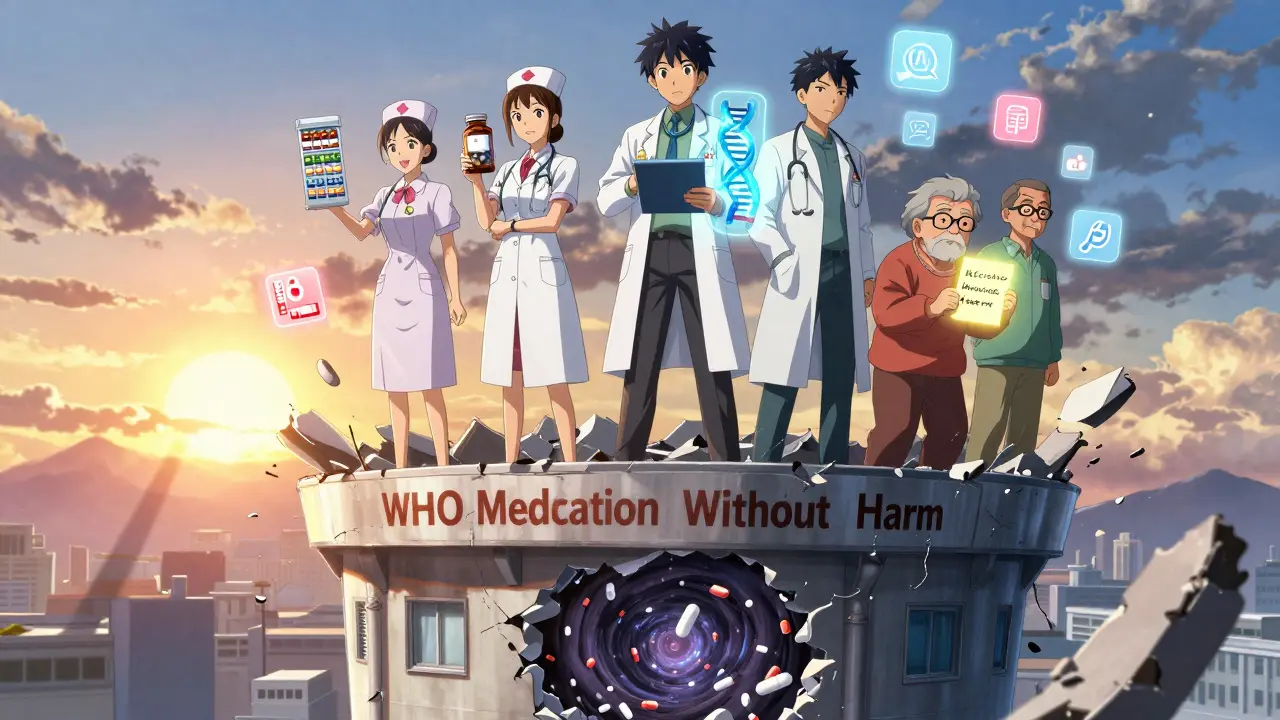 Healthcare heroes stand together, sealing a vortex of drug errors with symbols of prevention and AI support.