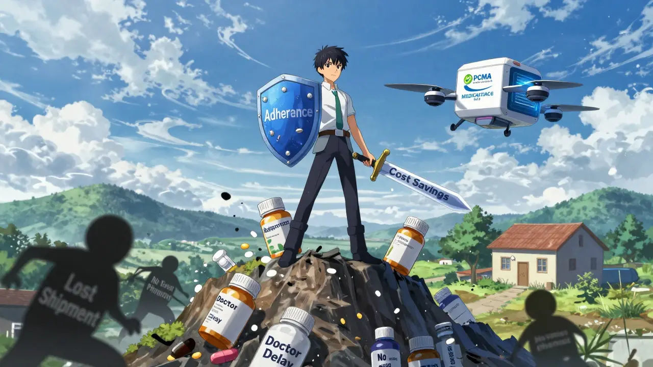 Heroic figure defeating obstacles to medication adherence, with drone delivering refrigerated drugs to a rural home.