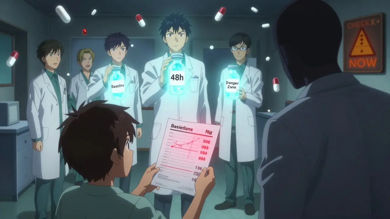 Medical team holding blood test vials as a warning sign flashes, patient holds high potassium result with glowing red numbers.