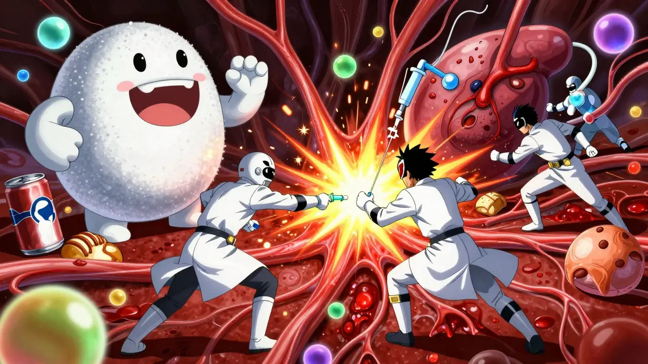 Metformin warriors battling giant sugar monsters inside a glowing human body in shounen anime battle scene.