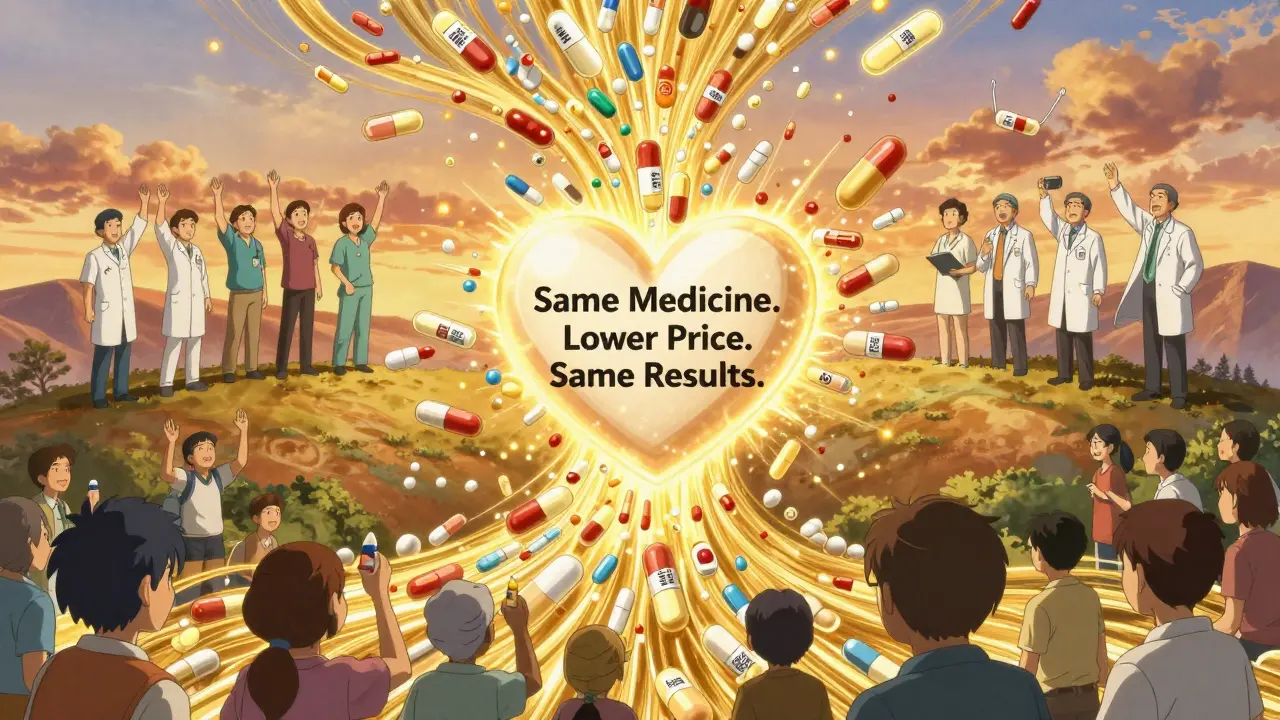 Millions of generic pills form a golden river into a heart-shaped pill as community workers inspire trust.