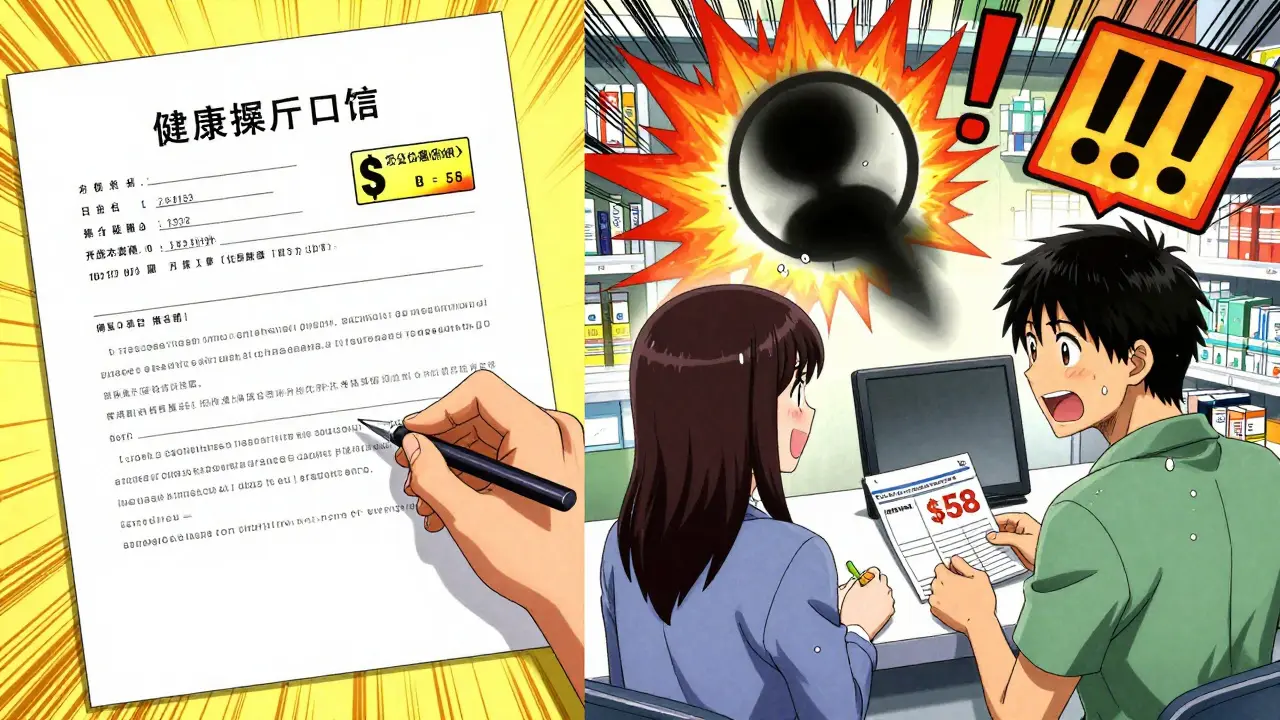 Person comparing cheap health plan sign-up to expensive prescription bill at pharmacy.