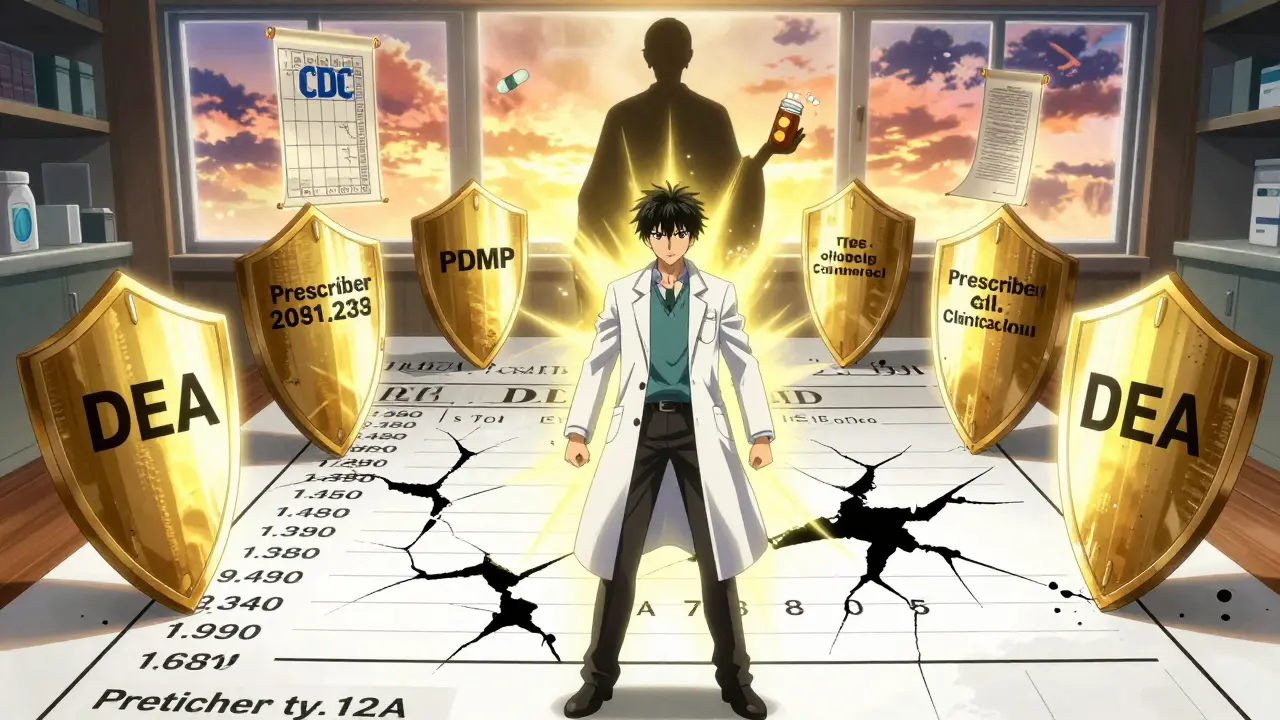 Pharmacist standing firm as five verification shields glow around a crumbling prescription.