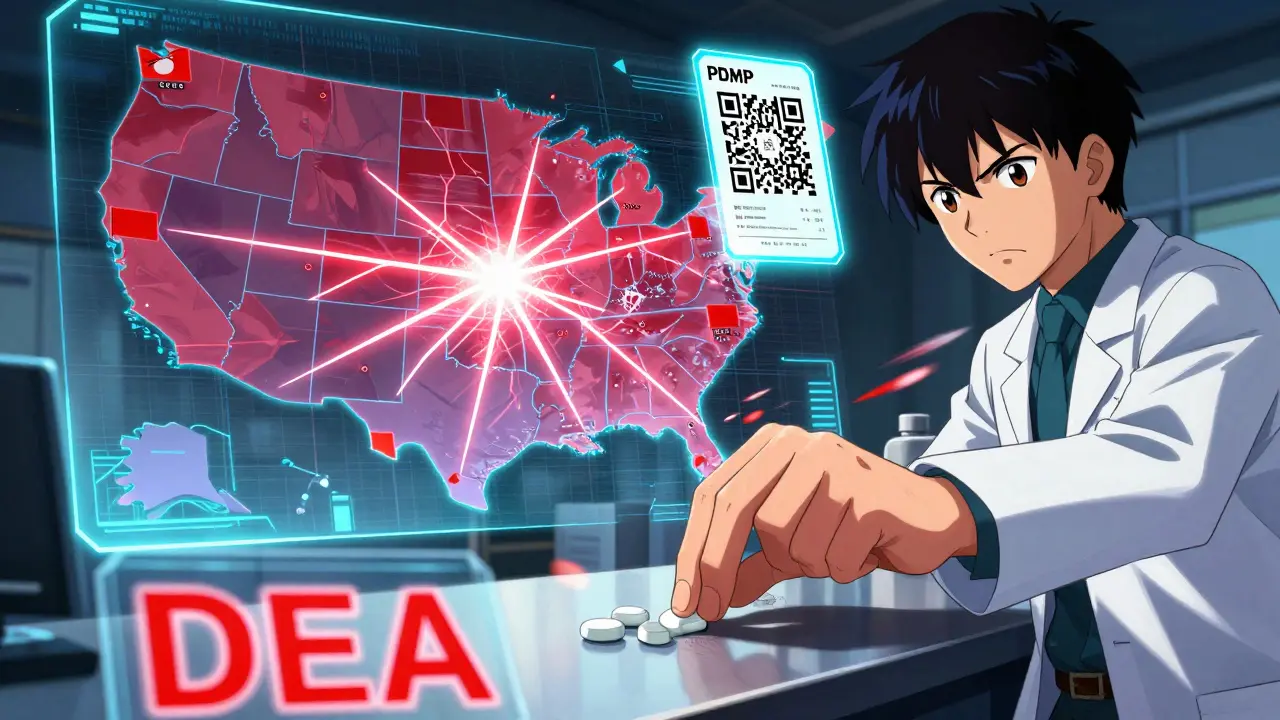 Pharmacist using a PDMP tablet as a holographic map shows red flags across multiple states.
