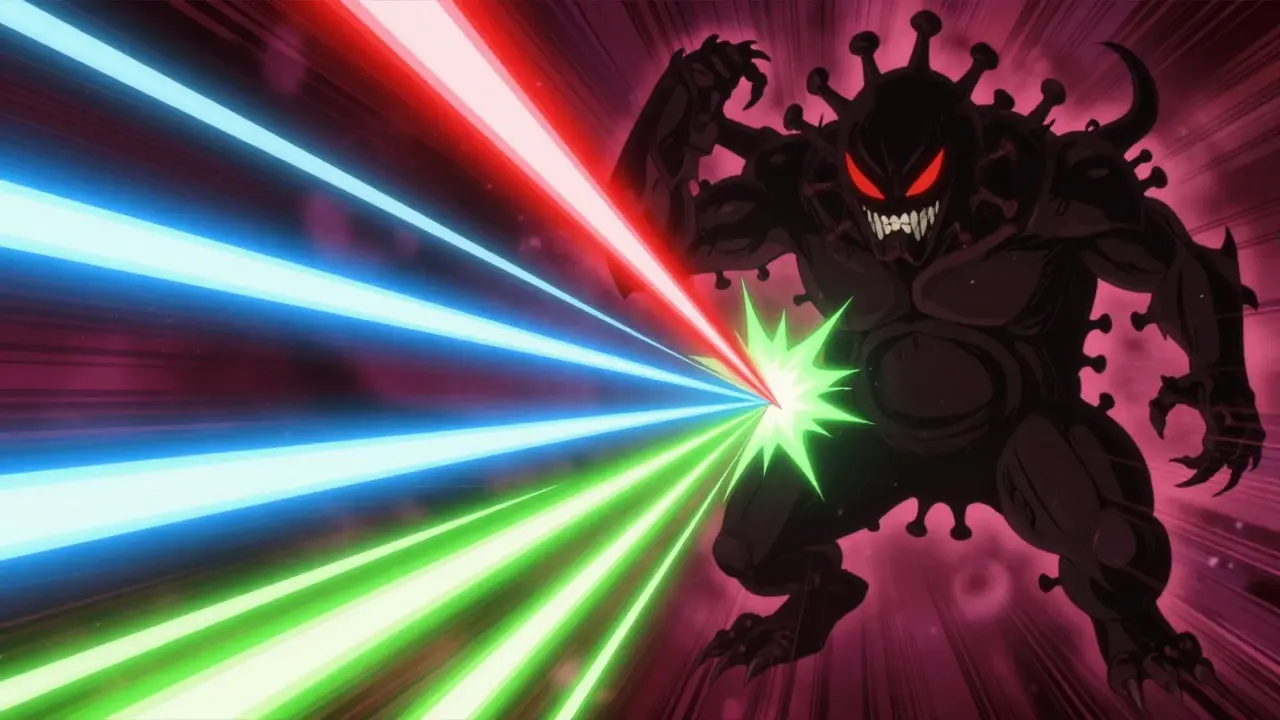 Three colored energy beams battling virus monster in anime style