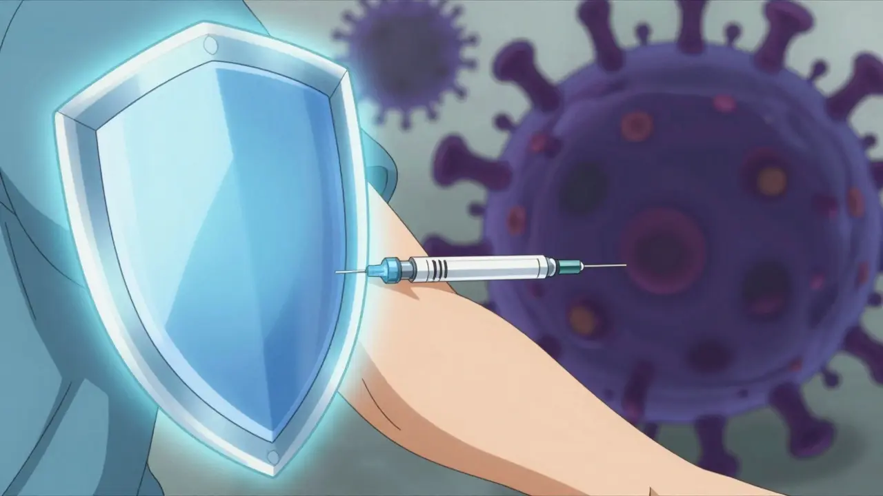 Vaccine injection creating shield to block virus in anime style