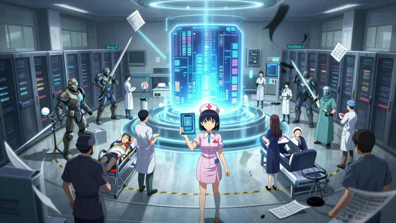 Warriors representing drugs and symptoms battle in a digital server room, with the MedWatch core at the center glowing brightly.