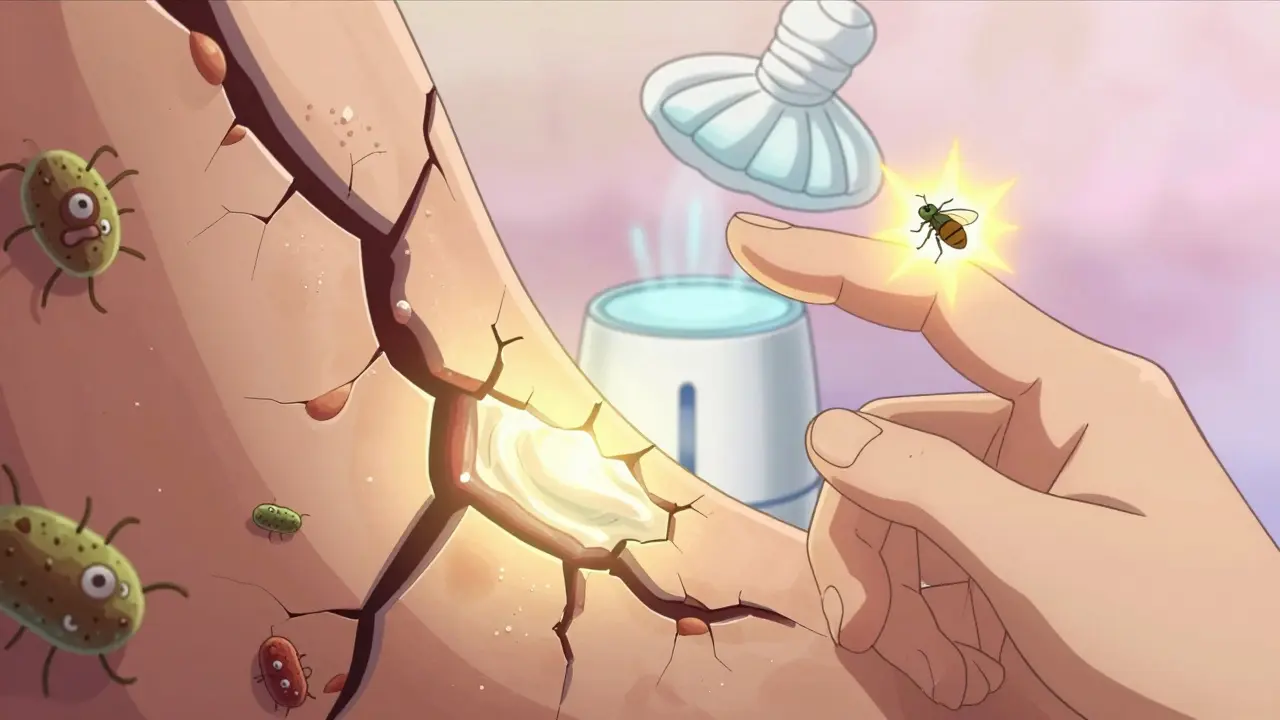 A cracked skin barrier being repaired with glowing ceramide cream, while bacteria and a bug bite trigger flares.