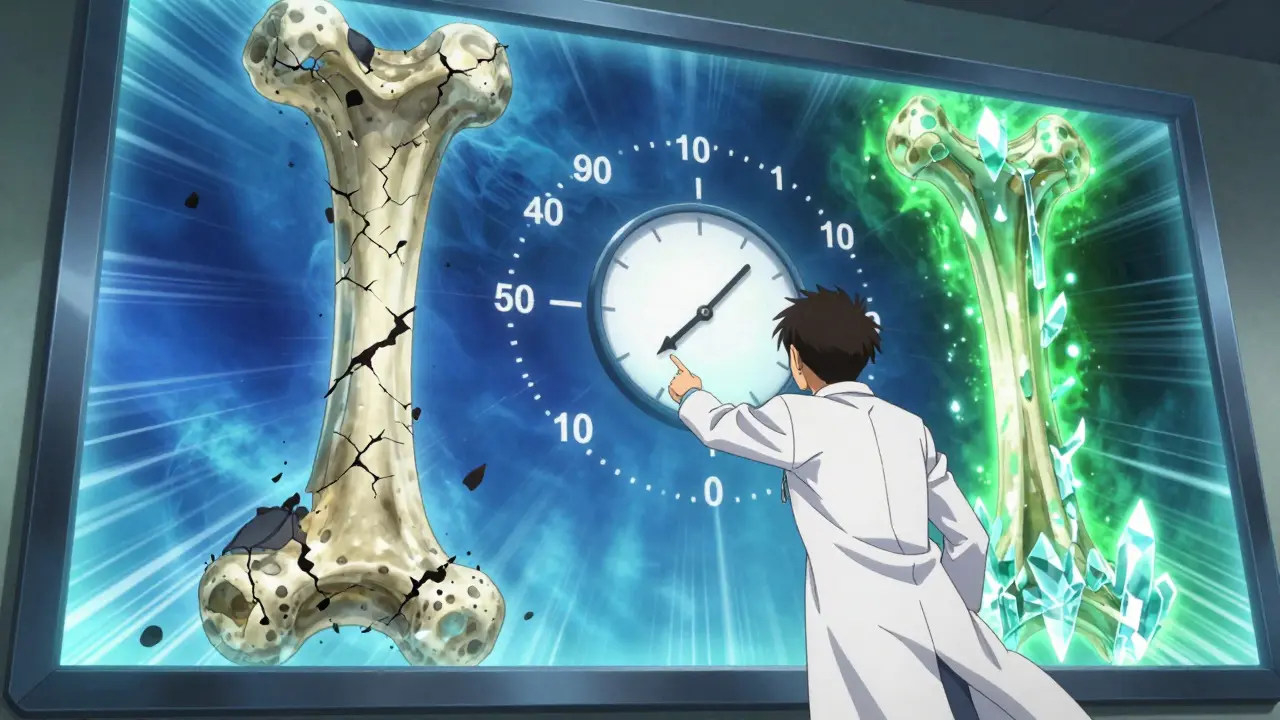 A doctor points at a massive screen showing bone formation and resorption as a clock counts down 90 days in anime style.