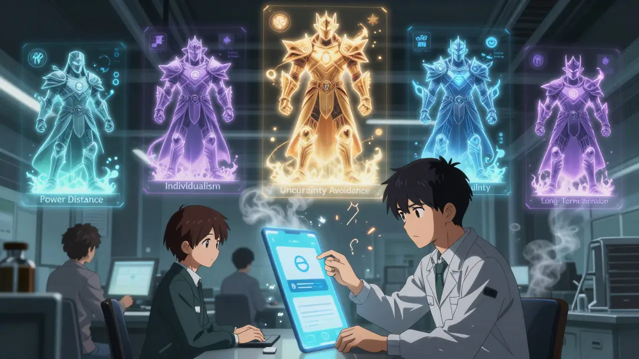 A engineer faces five glowing cultural spirits, redesigning a tech interface with cultural insight.