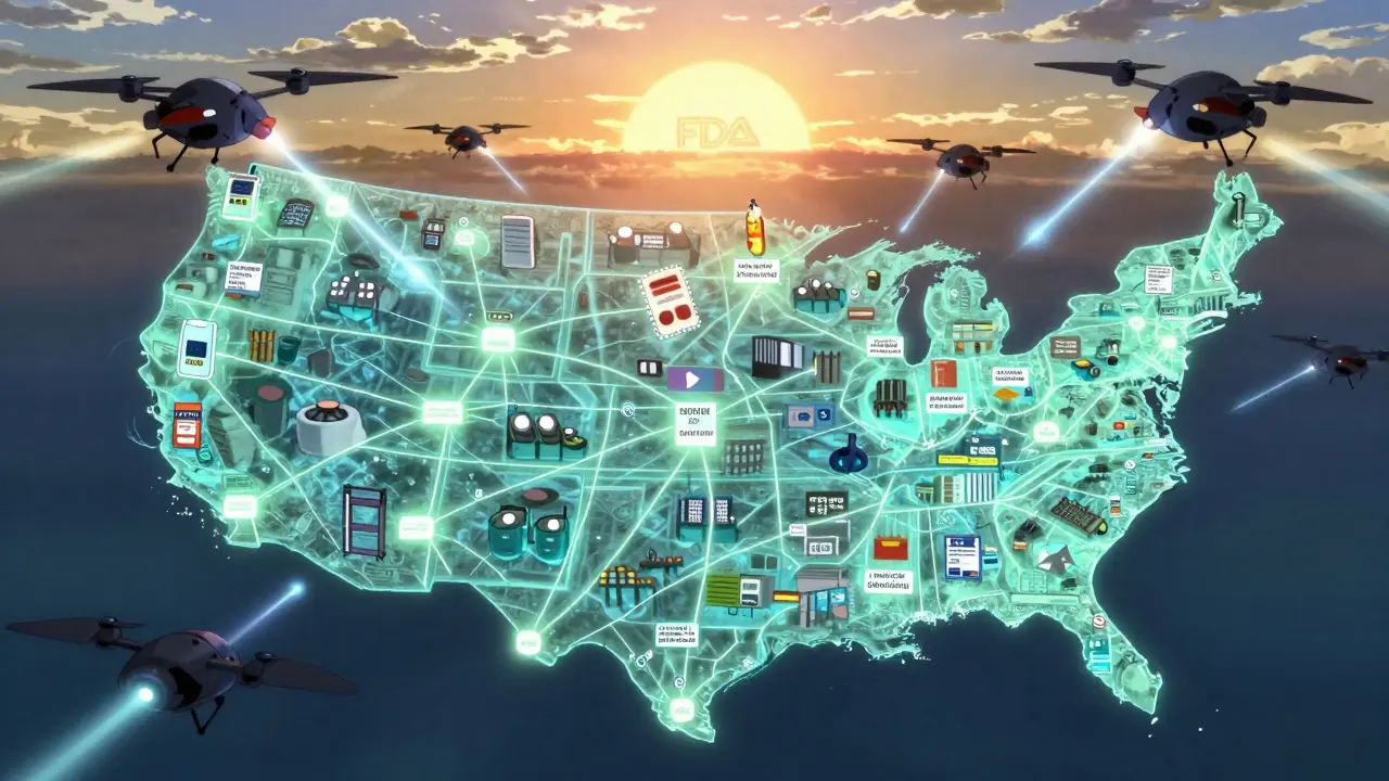 A glowing U.S. supply chain map with data streams connecting facilities, while counterfeit drones are destroyed by verification beams.