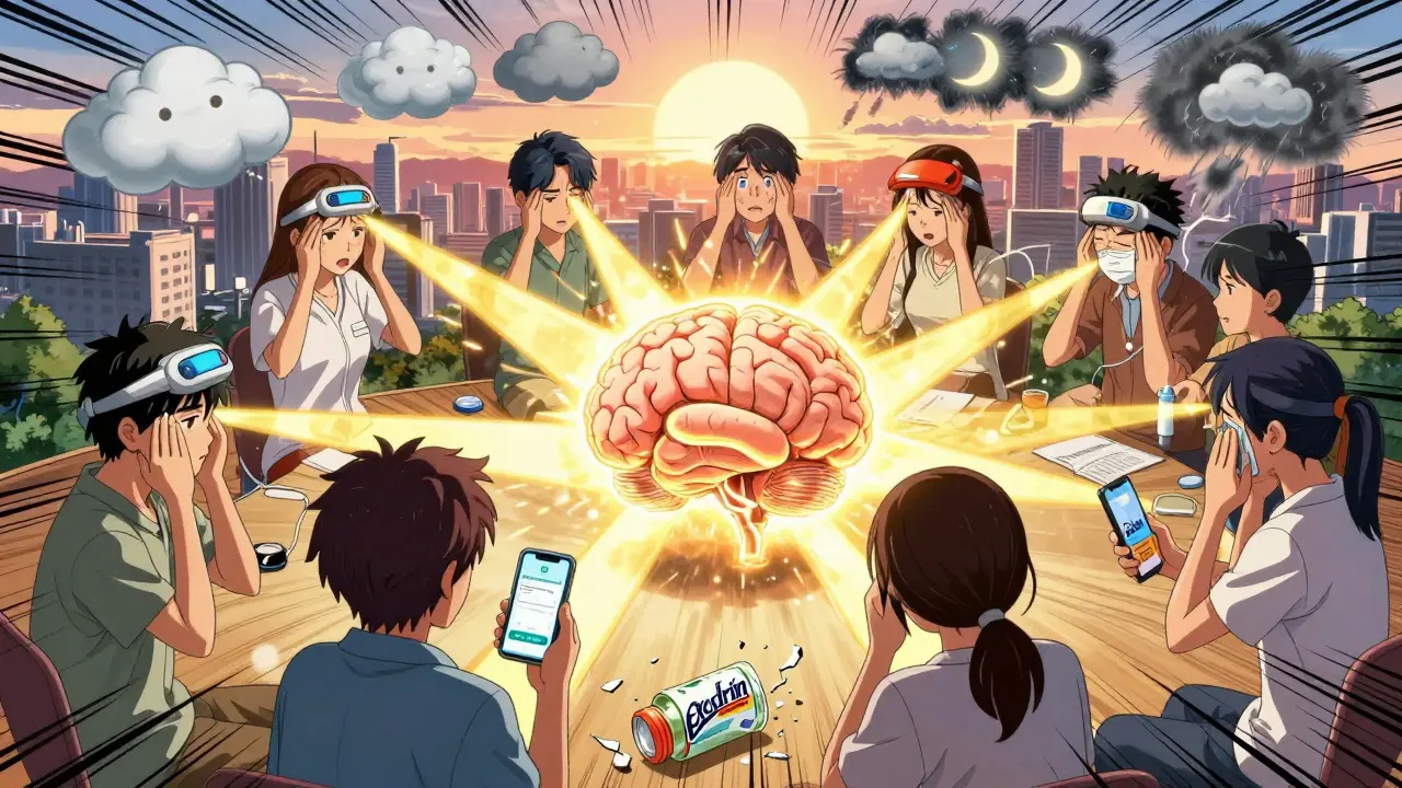 A group of patients using migraine devices as golden light neutralizes their personal triggers, with a broken painkiller bottle at their feet.