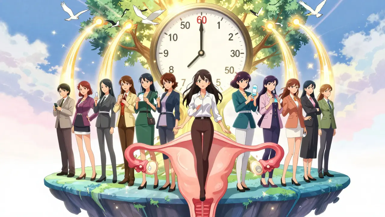 A group of women on a uterus-shaped platform with delivery methods, symbolizing hormone therapy choices in anime style.