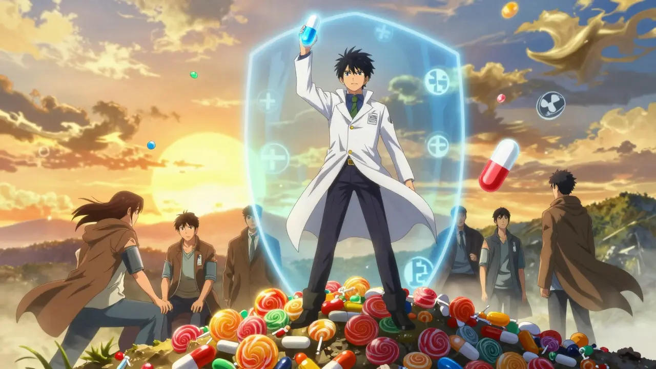 A hero holding a safe DGL capsule that shields patients from the dangers of real licorice root.