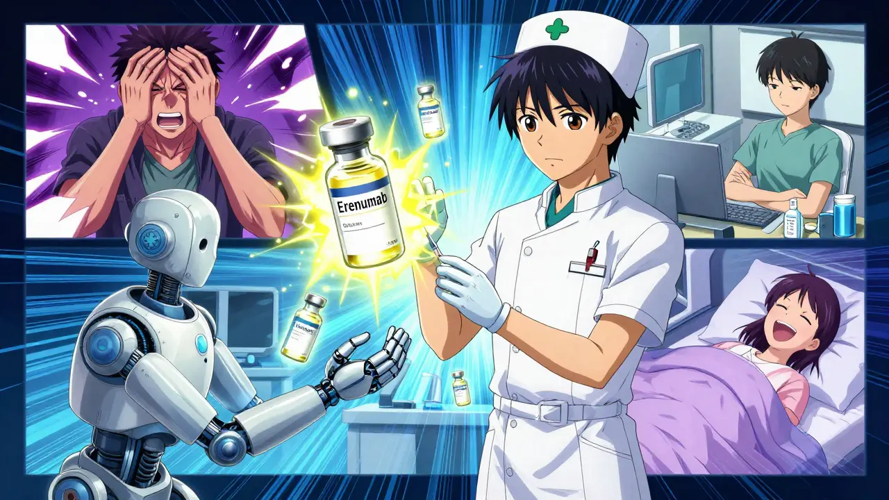 A person receiving a CGRP injection in a futuristic clinic with floating drug vials and contrasting life outcomes displayed on screens.