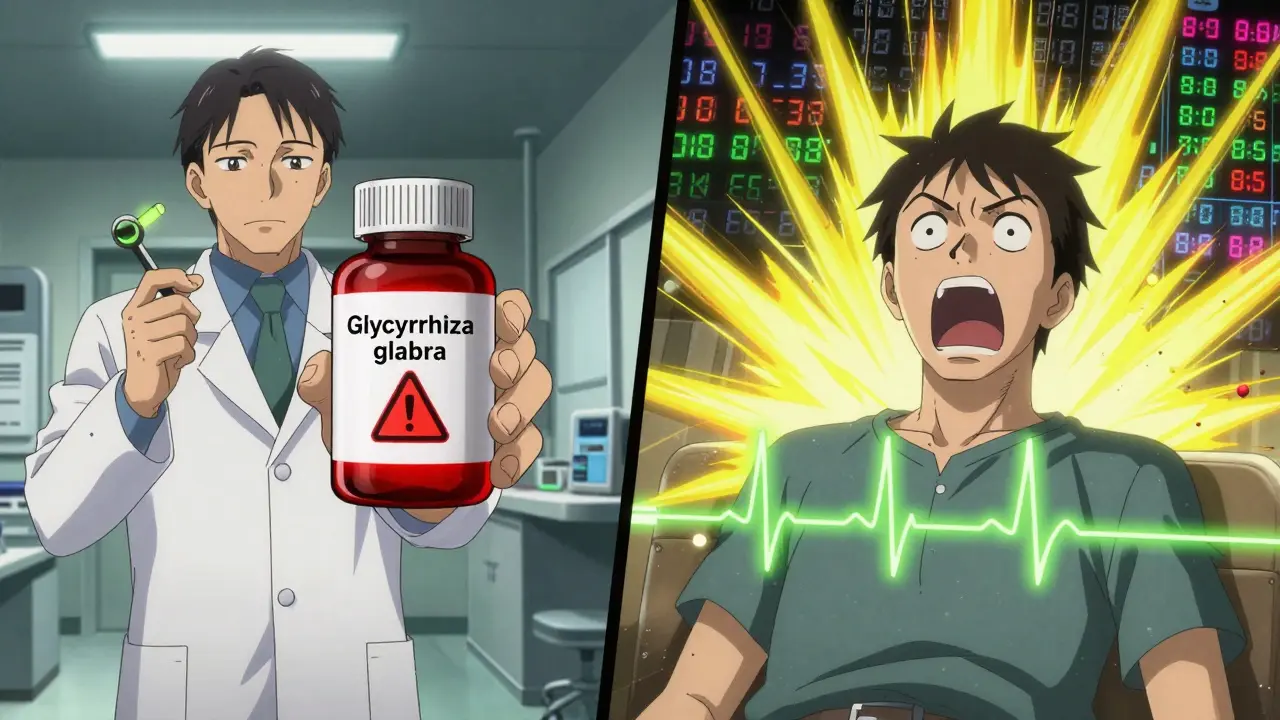 A pharmacist warning a patient as licorice root causes a dangerous drop in potassium and EKG failure.
