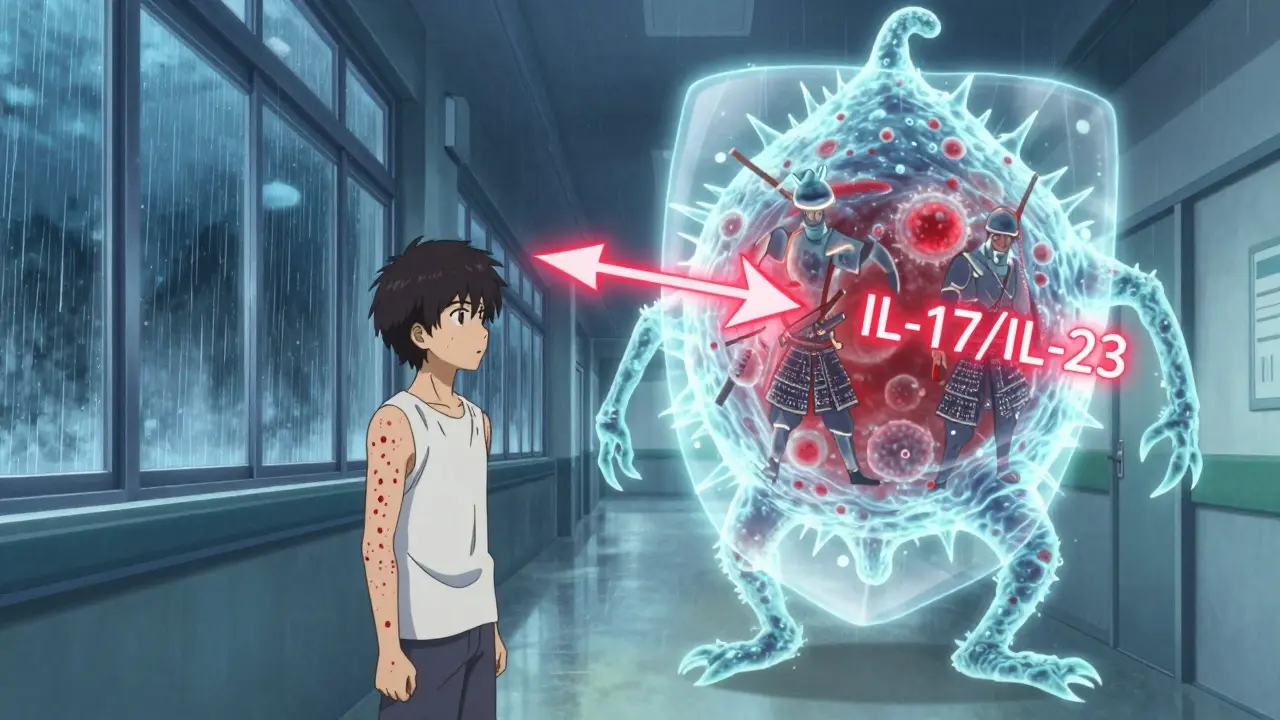 A teen with drop-like psoriasis lesions, facing a bacterial monster repelled by glowing immune warriors.