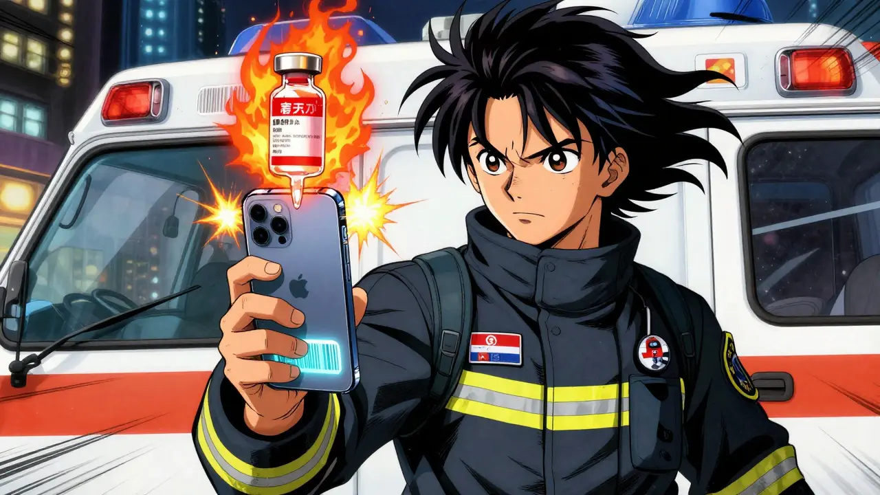 An EMT scanning a medication bottle on a smartphone, showing a glowing expiration alert during an emergency response.