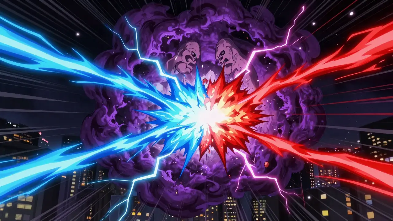 Blue and red energy beams colliding into a dangerous dark vortex.