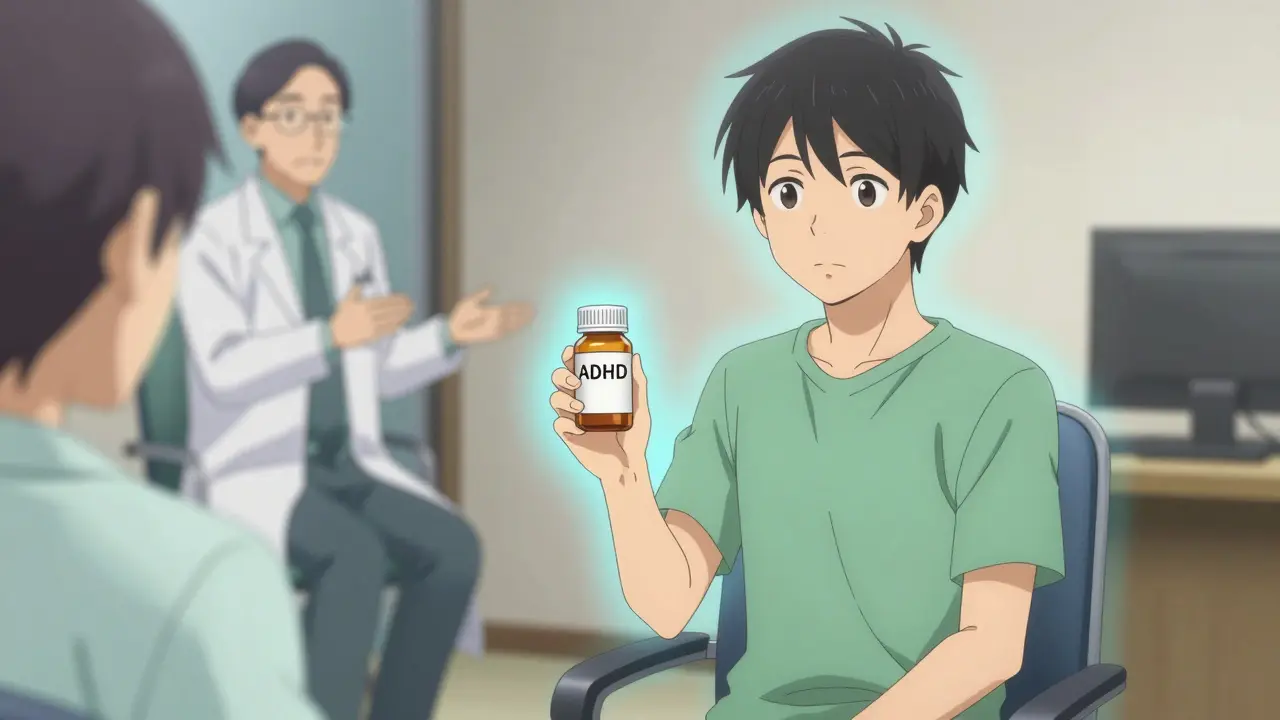 Calm patient holding prescription bottle with green aura in consultation.