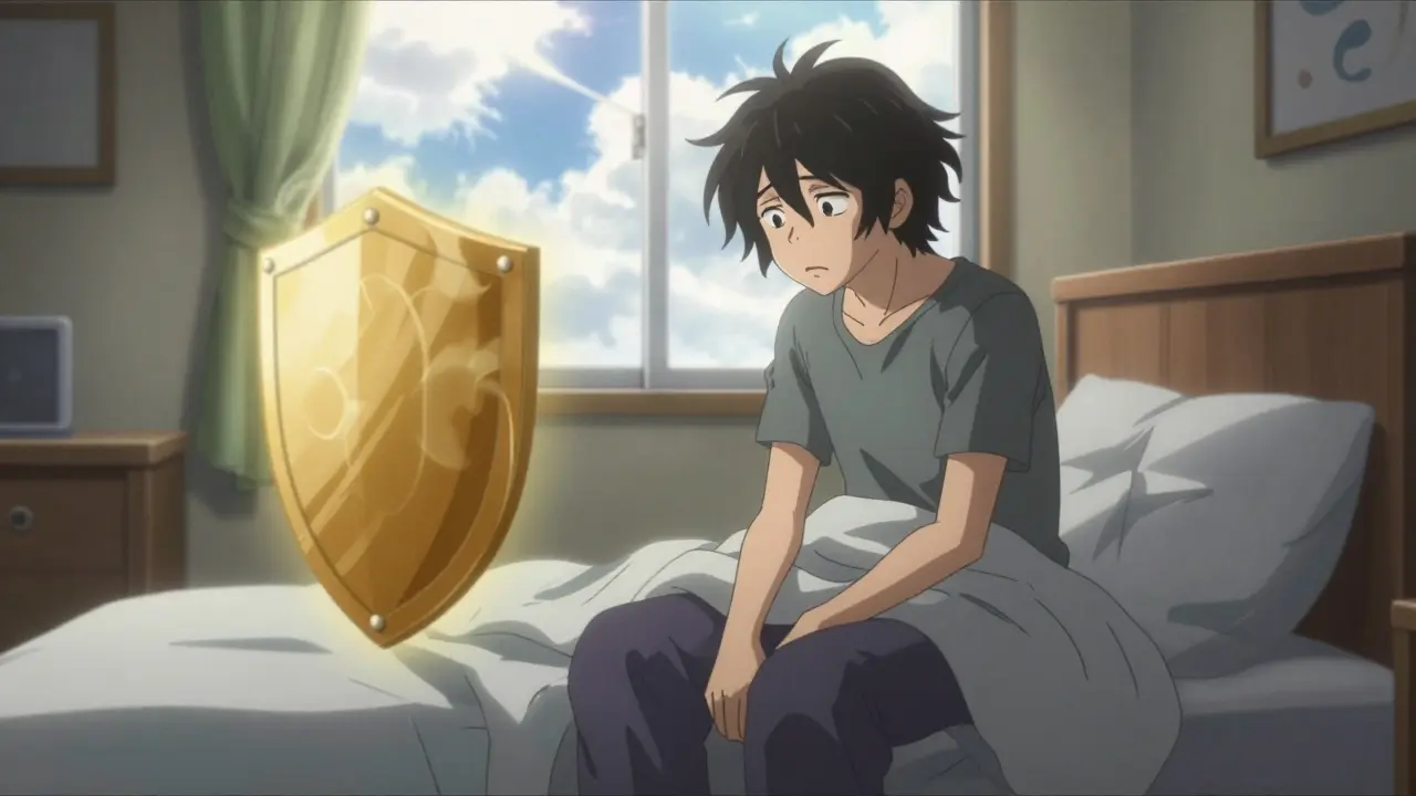 Confused anime character waking up with a safety shield nearby.