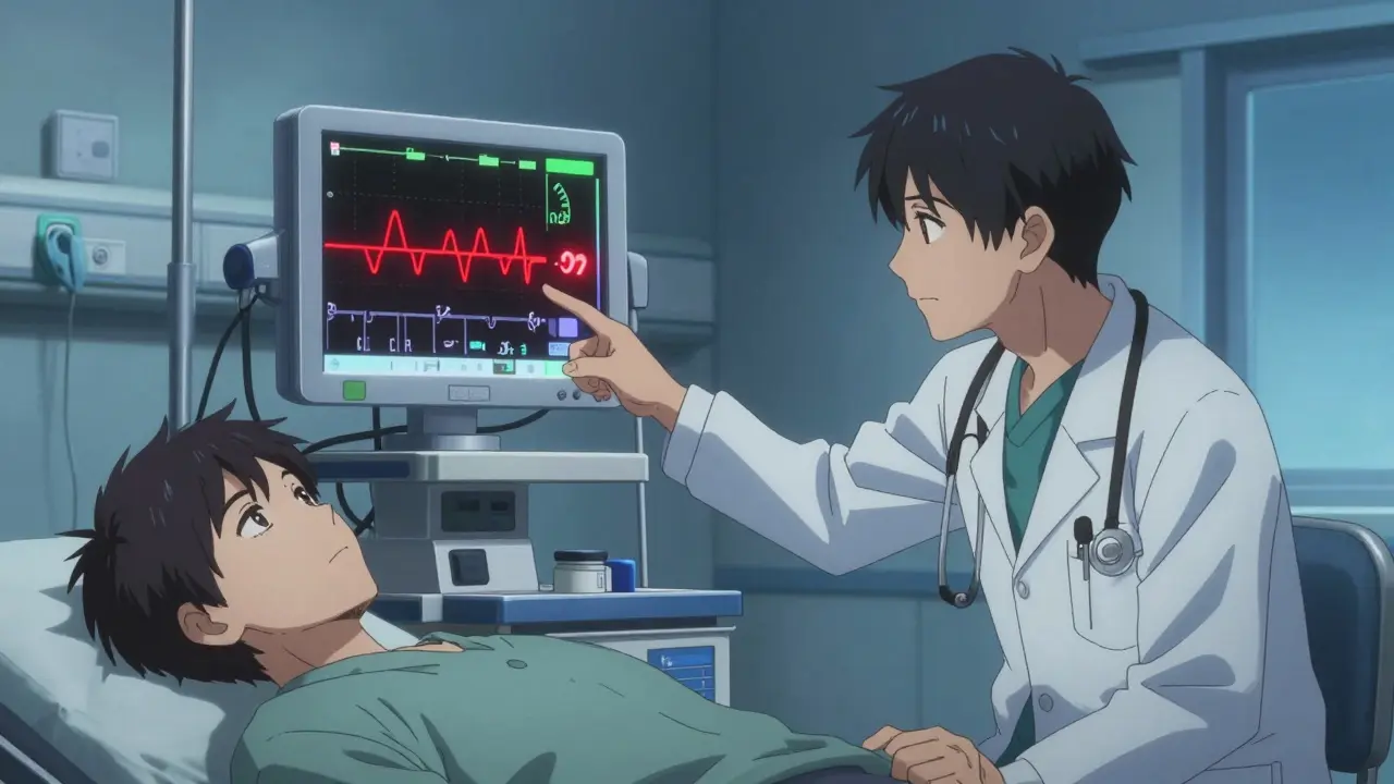 Doctor pointing at heart monitor with spiking red line in clinical room.
